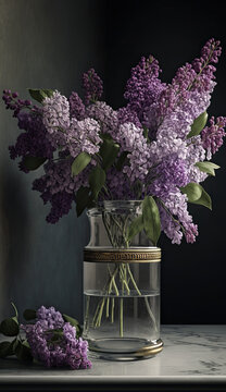 Bunch of lilacs in a vase on the table created using generative ai
