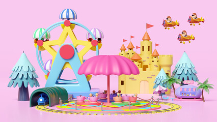 3d amusement park concept with tea cup ride, pilot, propeller plane, railroad tracks, tunnel, ferris wheel, ice cream showcases, landscape, castle, towers isolated on pink. 3d render illustration