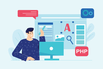 Fototapeta premium Blue concept Web design with people scene in the flat cartoon style. Web designer work on creating new sites for clients. Vector illustration.