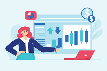 Crypto business blue concept with people scene in the flat cartoon design. Woman works in the cryptocurrency market and creates her own business. Vector illustration.