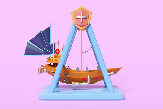 3d amusement park concept with viking ship isolated on pink background. 3d render illustration, clipping path
