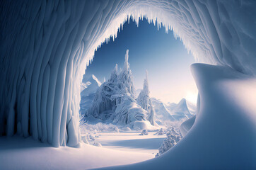 Ice landmark view from an ice cave. Fictional. Created with Generative AI technology.