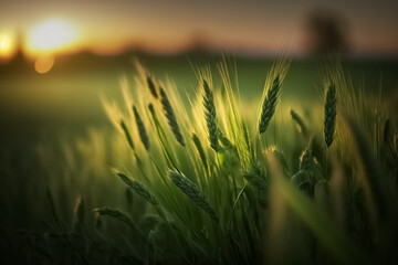 Fototapeta premium Green wheat ears in field. Agriculture. Young green wheat on the field background. Wheat agricultural field on background under sunlight in summer. generative AI