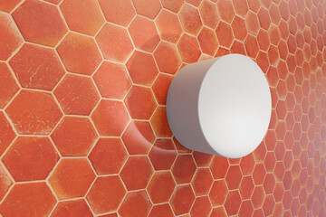 Brand presentation template frame. White cylinder on hexagonal terracotta tile floor. Shadow from...
