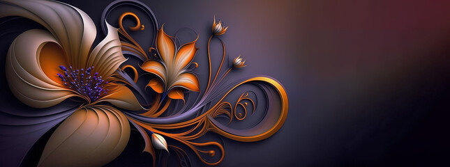 Background with ornate flowers, abstract blossoms with swirls in orange, maroon, purple hues, luxury backgrounds for exclusive projects, generative AI