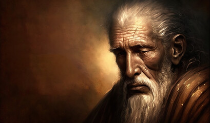 Ancient man´s face for biblical quotes, old wise senior portrait for wisdom, philosophical quotes, copy space, generative AI