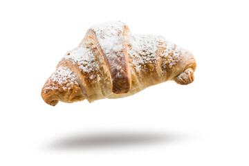 Fresh croissant with sugar floating on white background.
