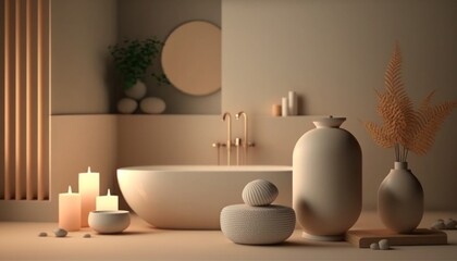 Sink of spa with beauty bottles, blurred bathtub in the background, generative ai