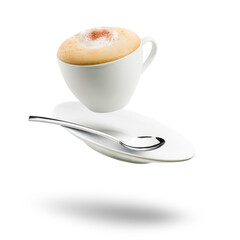cup of cappuccino with saucer and spoon floating on white background  - 573505768