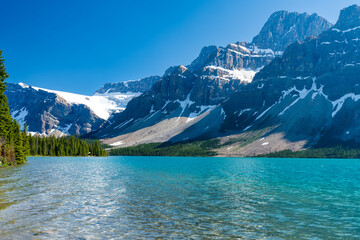 Banff National Park beautiful landscape. Bow Lake in summer time. Alberta, Canada. Canadian Rockies nature scenery.