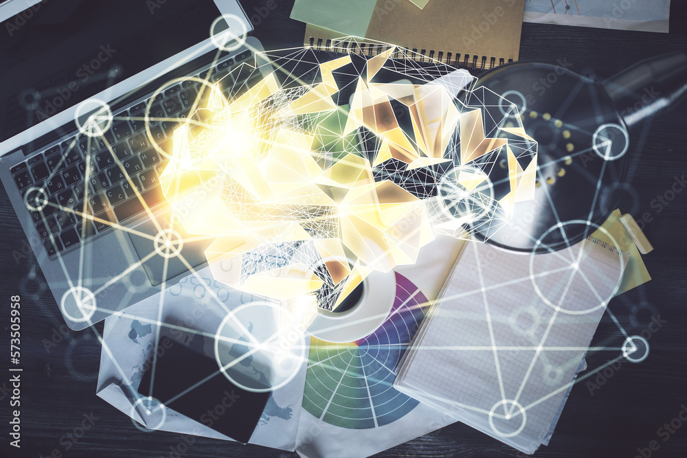 Aufkleber Double exposure of brain drawing hologram over topview work table background with computer. Concept of big data.