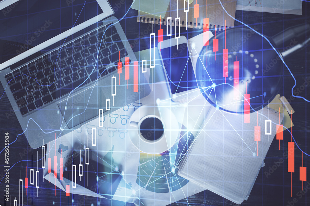 Aufkleber financial market graph and top view computer on the desktop background. multi exposure. investment c