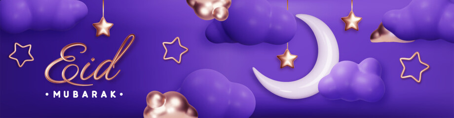 Eid Mubarak with hanging white glossy crescent, flashlight, cloud and stars. Vector illustration. Horizontal islamic holidays design concept with place for text. © Ann_Sereda