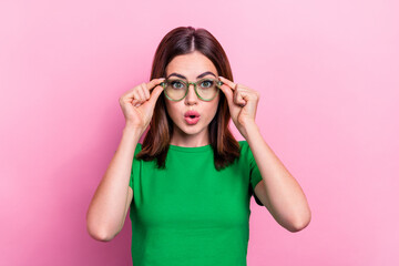 Portrait of impressed person arms touch glasses pouted lips stare isolated on pink color background
