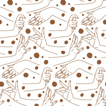 The pattern is different traditional hand signs of a dancing woman. Indian classical dance Bharatanatyam mudra. Alapadma hasta. Beautiful hands in Indian dance. brown on a white background with dots.
