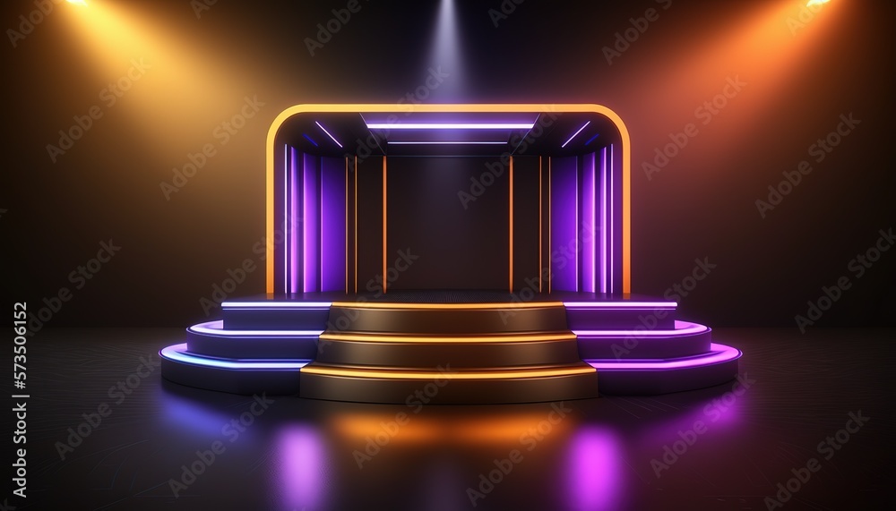 Poster futuristic portal. science fiction podium, pedestal, platform. modern empty cyberpunk space. technol