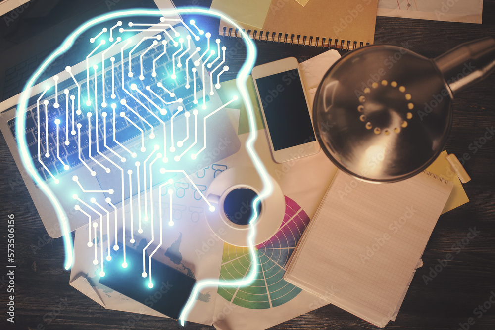Poster Double exposure of brain drawing hologram over topview work table background with computer. Concept of big data.