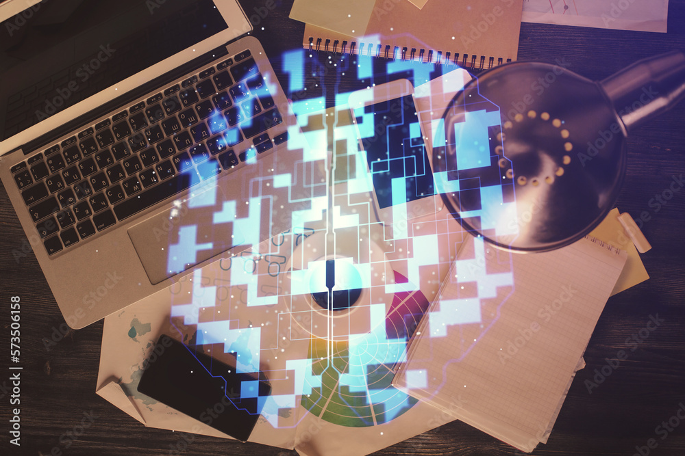 Aufkleber Multi exposure of data theme drawing hologram over topview work desk background with computer. Concept of technology.
