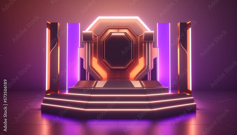 Poster futuristic portal. science fiction podium, pedestal, platform. modern empty cyberpunk space. technol
