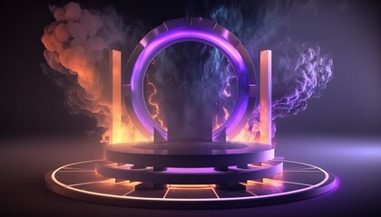 Futuristic portal. Science fiction podium, pedestal, platform. Modern empty cyberpunk space. Technological background. Sky-fi digital hi-tech elements for presentation product. AI