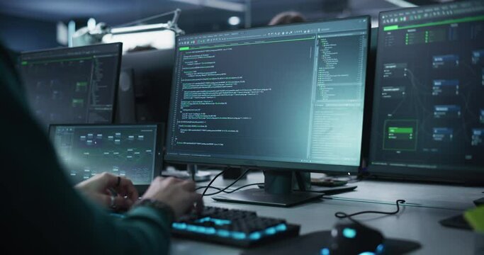 Close Up of a Software Developer Working on a Desktop Computer, Programming Code Running on Display. Specialist Typing on Keyboard, Coding and Implementing a Technical Feature. Static Footage