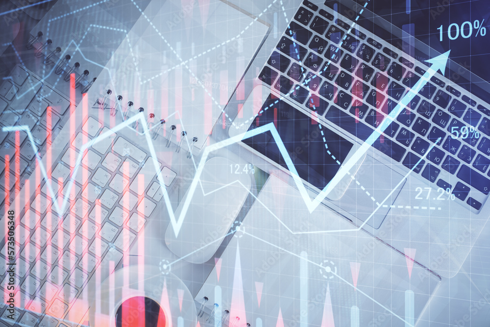 Poster financial market graph and top view computer on the desktop background. multi exposure. investment c