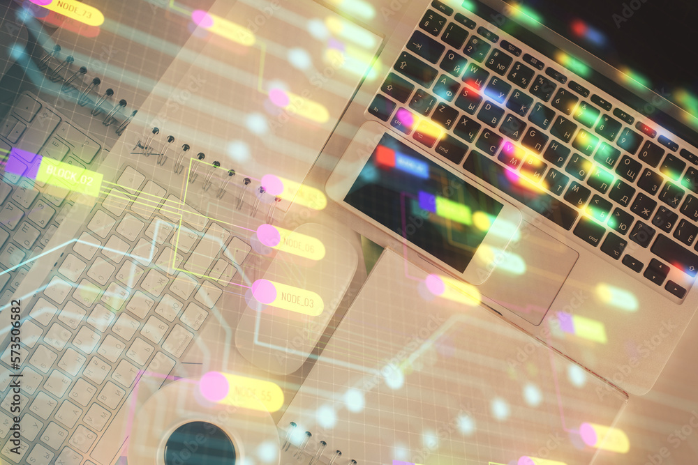 Fototapete Multi exposure of data theme drawing hologram over topview work desk background with computer. Concept of technology.
