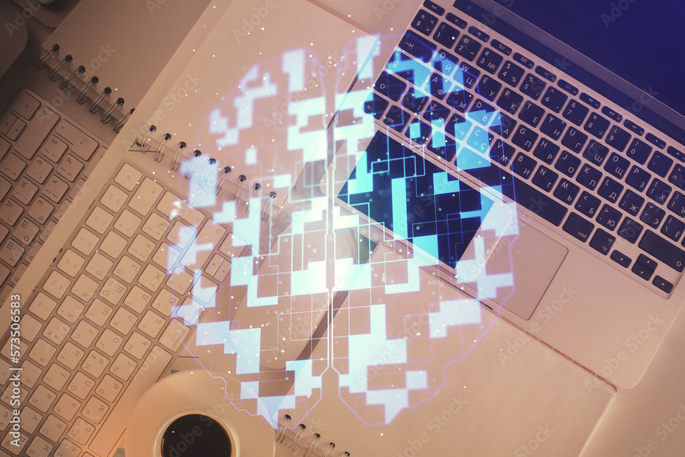 Poster Multi exposure of data theme drawing hologram over topview work desk background with computer. Concept of technology.