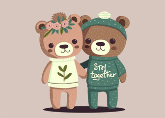 Couple of cute teddy bears toy fashion print design vector illustration and slogan on clothes