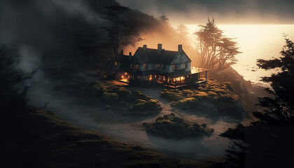 Gloomy house by the sea in foggy weather.