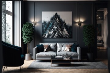 Obraz premium Interior design of cozy living room with atmospheric light, stylish sofa and artistic mock up poster in modern home decor. Generative AI