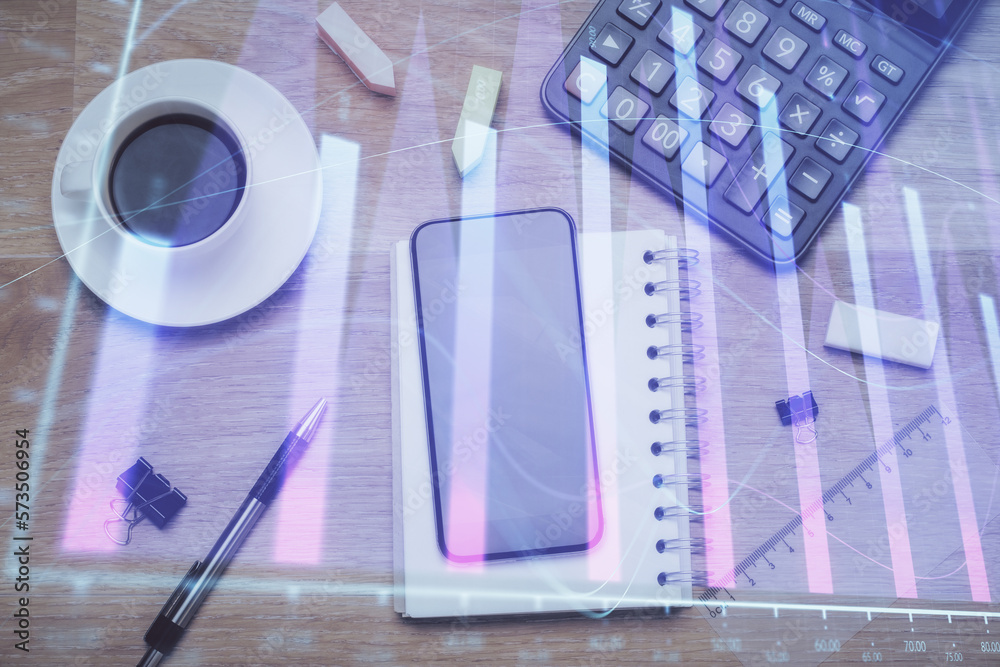 Poster multi exposure of forex graph hologram over desktop with phone. top view. mobile trade platform conc