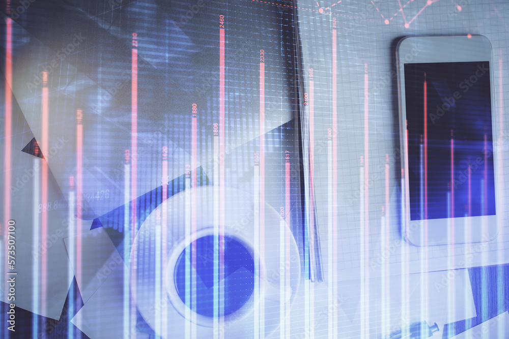 Poster Multi exposure of forex graph hologram over desktop with phone. Top view. Mobile trade platform concept.