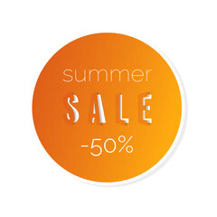 Summer sale 50 percent. Label round orange-yellow, sticker, tag.