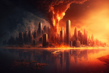 Overheated city in summer, extreme temperature and global warming concept. Generative Ai.	
