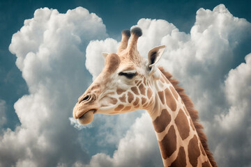 Giraffe's head above clouds, generative Ai	

