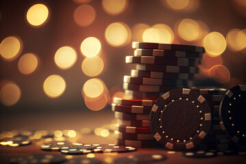 Generative AI of gamble chips and golden bokeh background. 