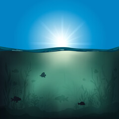 Obraz premium La beauté tranquille d’un fond marin avec des algues et des poissons éclairés par la lumière du soleil.