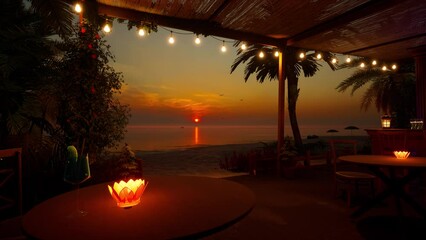 A cozy atmosphere in the summer bar in the evening, overlooking a magical sunset and a deserted tropical beach.