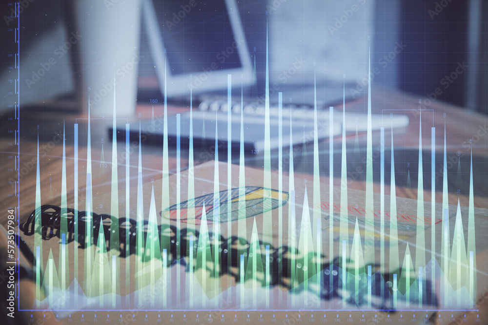 Aufkleber double exposure of financial graph drawings and desk with open notebook background. concept of forex