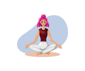 A young girl sits in the lotus position. Flat style illustration