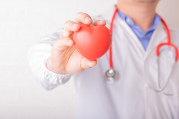 Doctor holding or showing red heart, concept for health or repair and support, international, national heart disease day, doctor day, world health day