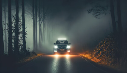 The car is driving on the road at night in the forest.