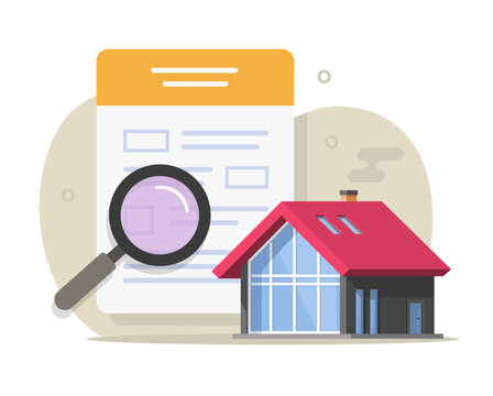 House mortgage property inspection audit icon vector graphic, home real estate deal review assessment, building appraisal check form document flat design, project evaluation research image clipart