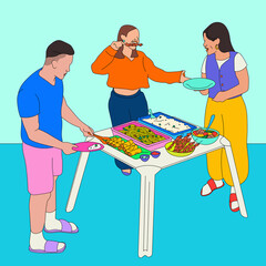 Filipino friends and family around a table of food (3 people)