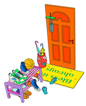 Filipino home entrance door, doormat and shoe rack
