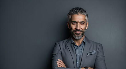 Fototapeta premium Successful mature businessman looking at camera with confidence. generative AI digital illustration.