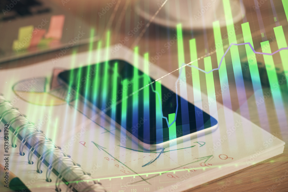 Poster double exposure of forex chart drawing and cell phone background. concept of financial data analysis