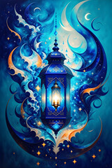 Fototapeta premium arabic islamic illustration for greeting muslims in ramadan, blue lantern design, generative ai