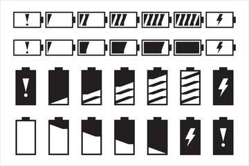 Battery icon set. Battery charge level vector icons. Batteries charging sign. Simple black white illustration.